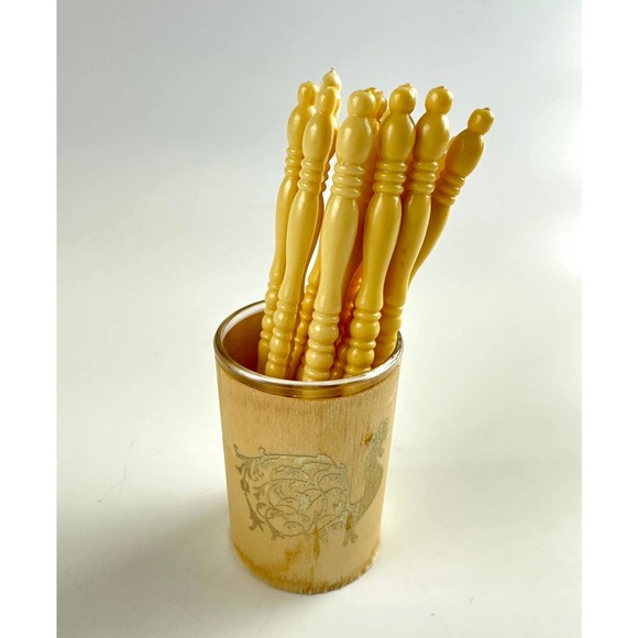 Vintage Cocktail Picks Psuedo Ivory Plastic Appetizer Forks Holder Set - Picture 2 of 8